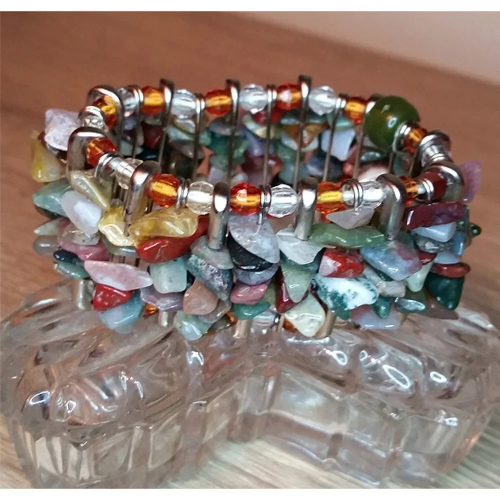 Handcrafted Natural Gemstones Safety Pin Bracelet Colorful Boho Festival 6.5-7